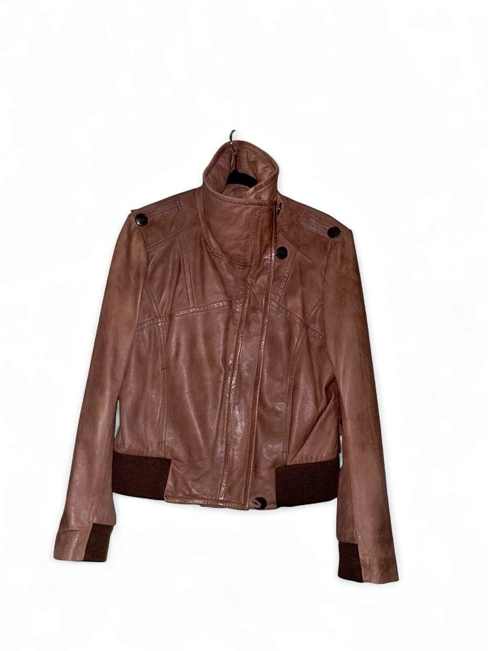 Gia Kenneth Cole Brown High Collar Avant Garde Leather Bomber Jacket Size Large